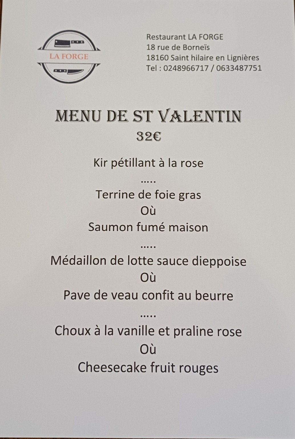 Menu spécial Saint Valentin à la Forge