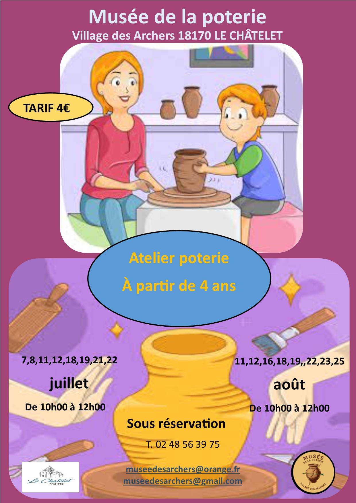 Atelier poterie enfants, en août , au musée de la poterie