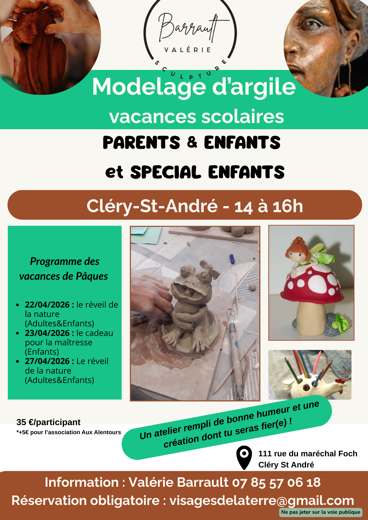 Atelier de modelage d'argile Adultes&Enfants à Cléry - thème : le réveil de la nature