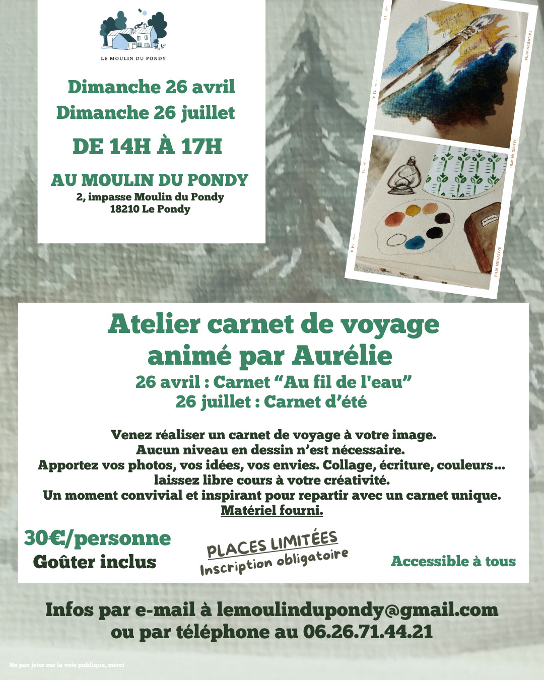 Atelier carnet de voyage au Moulin du Pondy