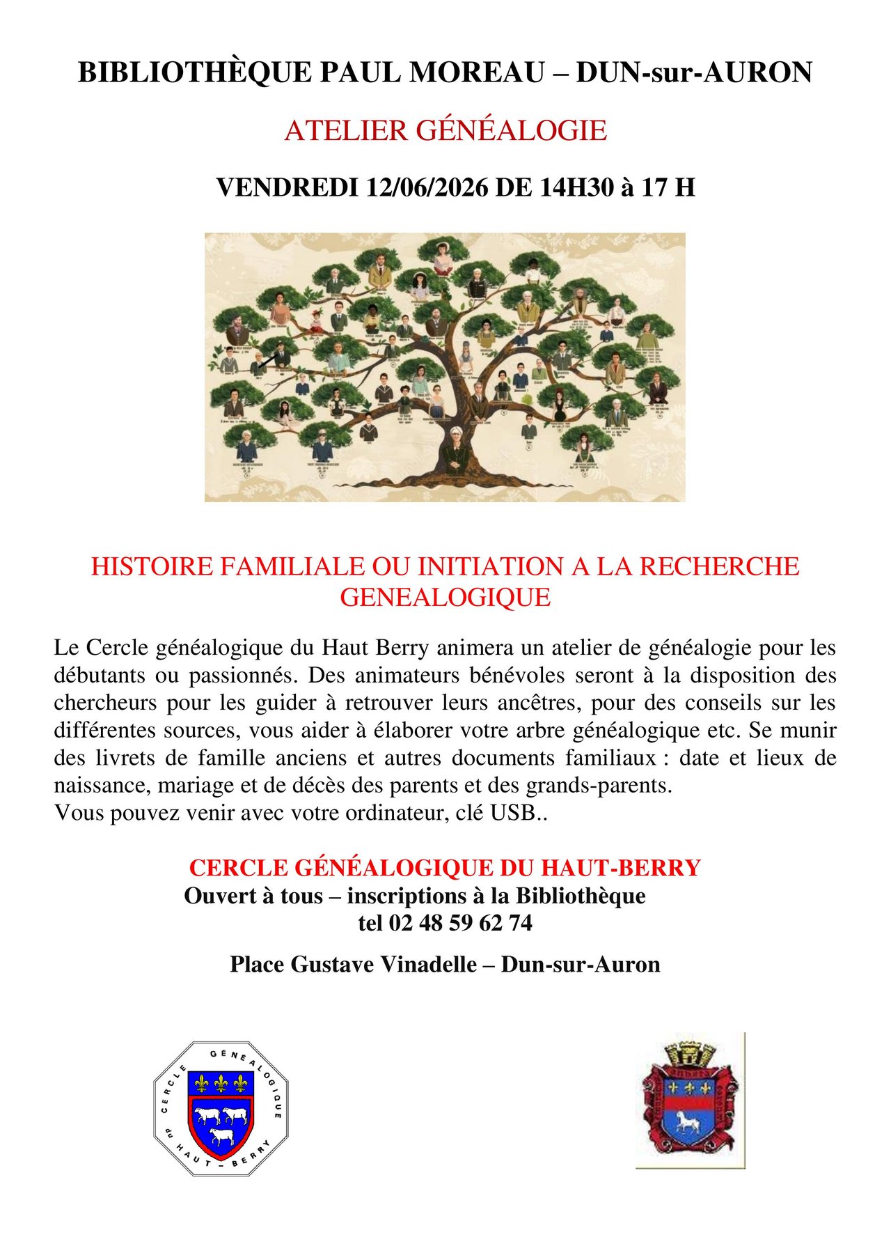 Atelier "Généalogie" organisé par la Bibliothèque Municipale de Dun-sur-Auron