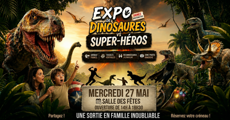 Exposition universelle "dinosaures vs super-héros" — visuel événement
