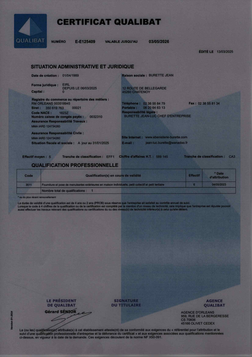 Ebénisterie Menuiserie Burette - Qualibat - RGE