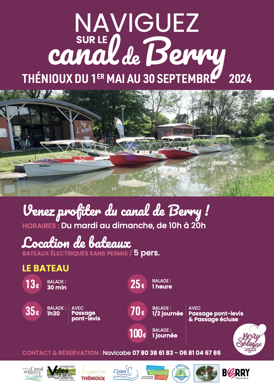 Navigation sur le canal de Berry Du 1 mai au 29 sept 2024